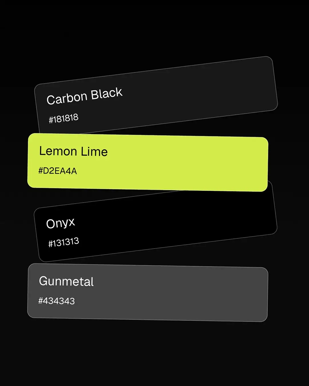 The Rolly colour palette: Carbon Black, Lemon Lime, Onyx and Gunmetal