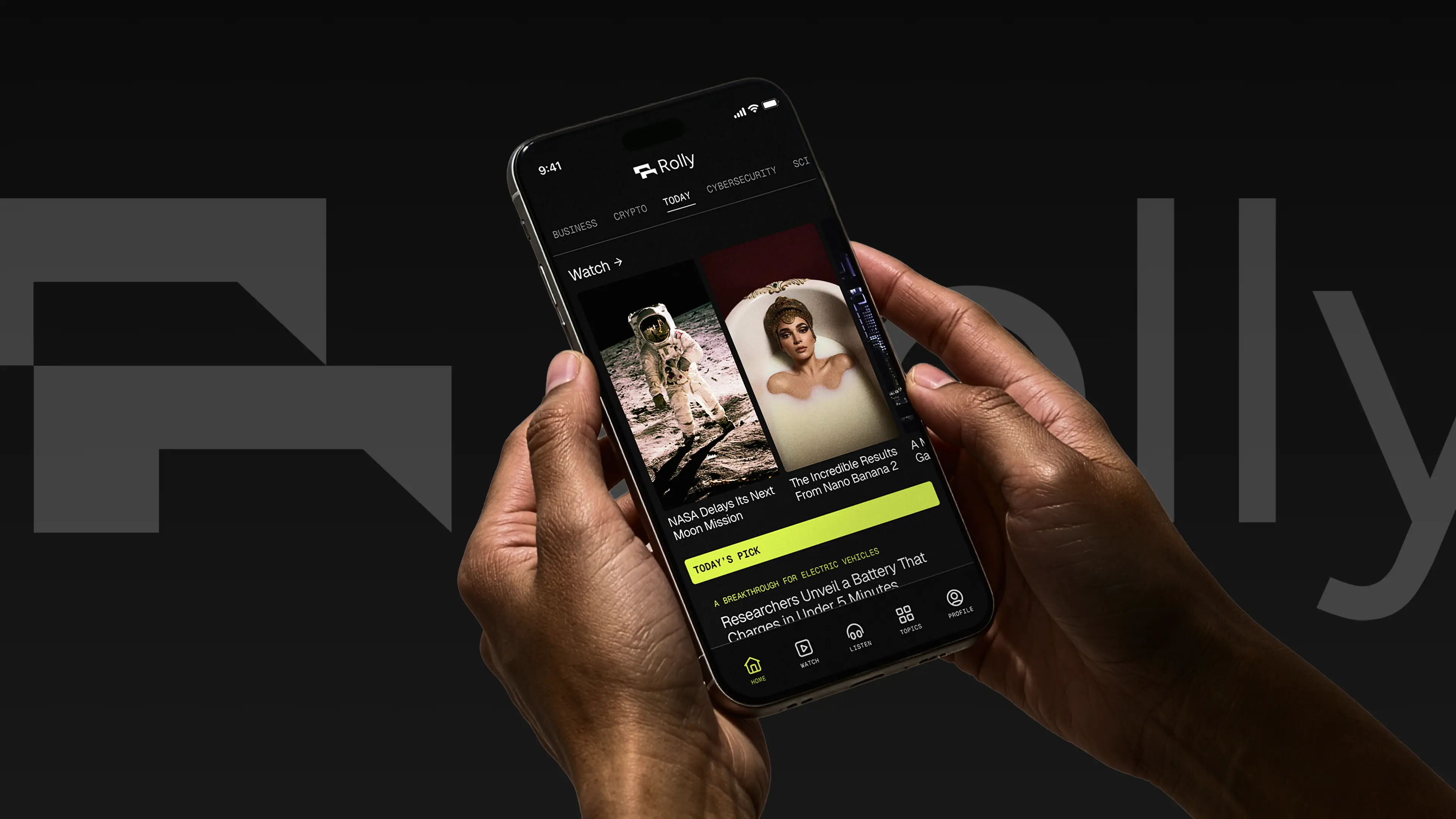 The Rolly app in front of the Rolly logo